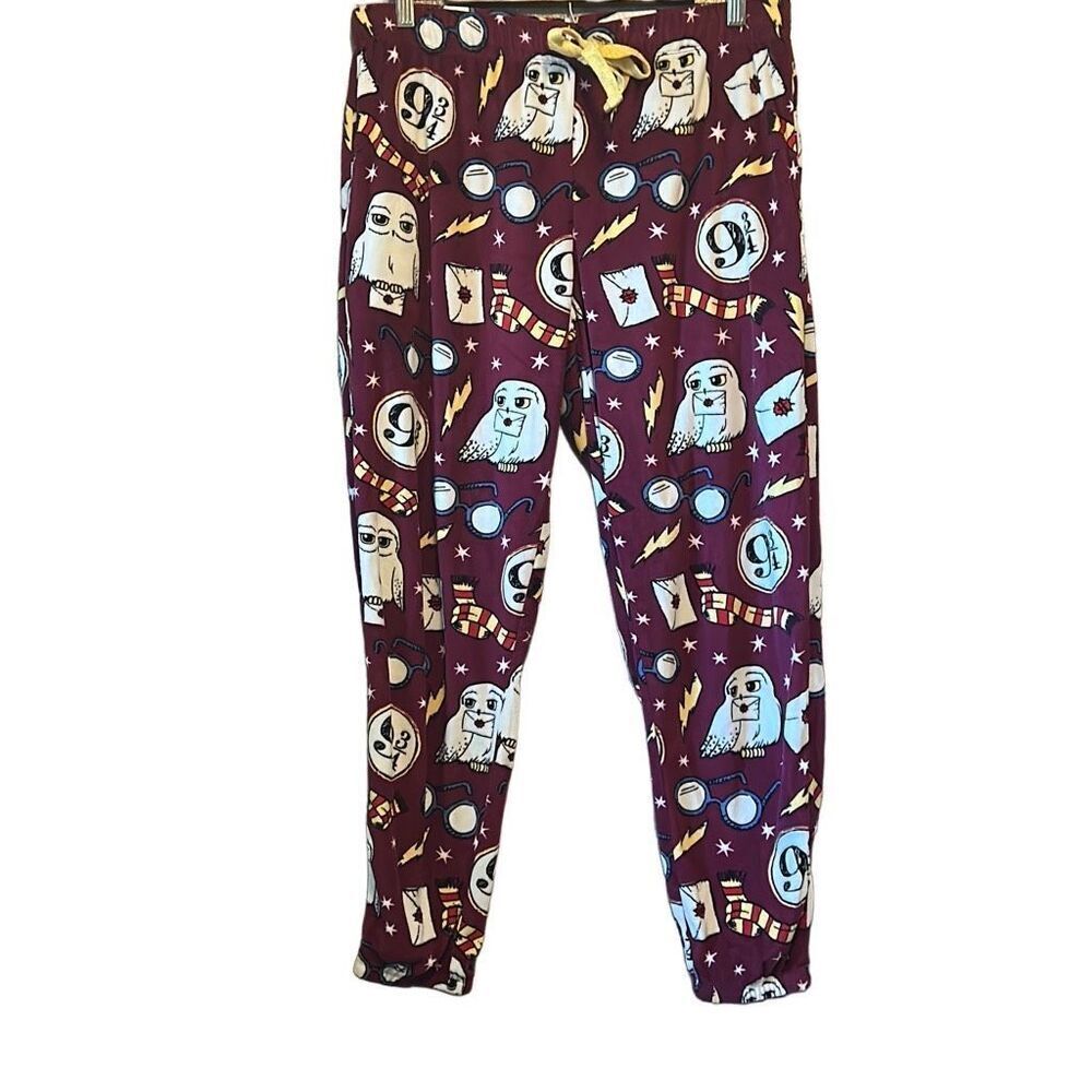 Harry Potter Fleece Pajama Pants Womens Size Medium Burgundy Owl & Glasses Print